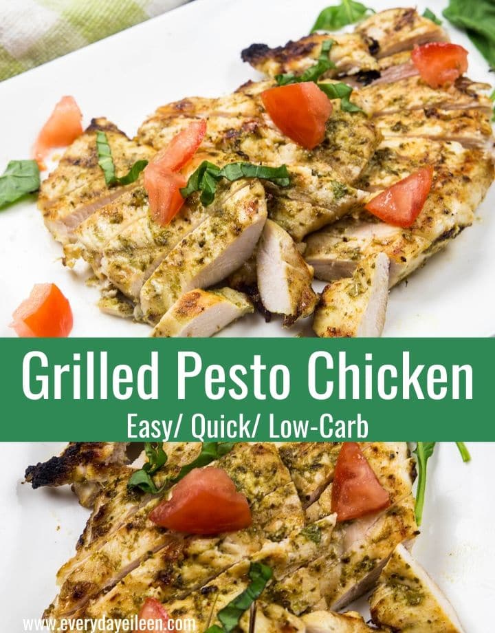 A pinterest collage of grilled pesto chicken.