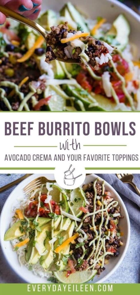 collage of photos depicting beef burrito bowls