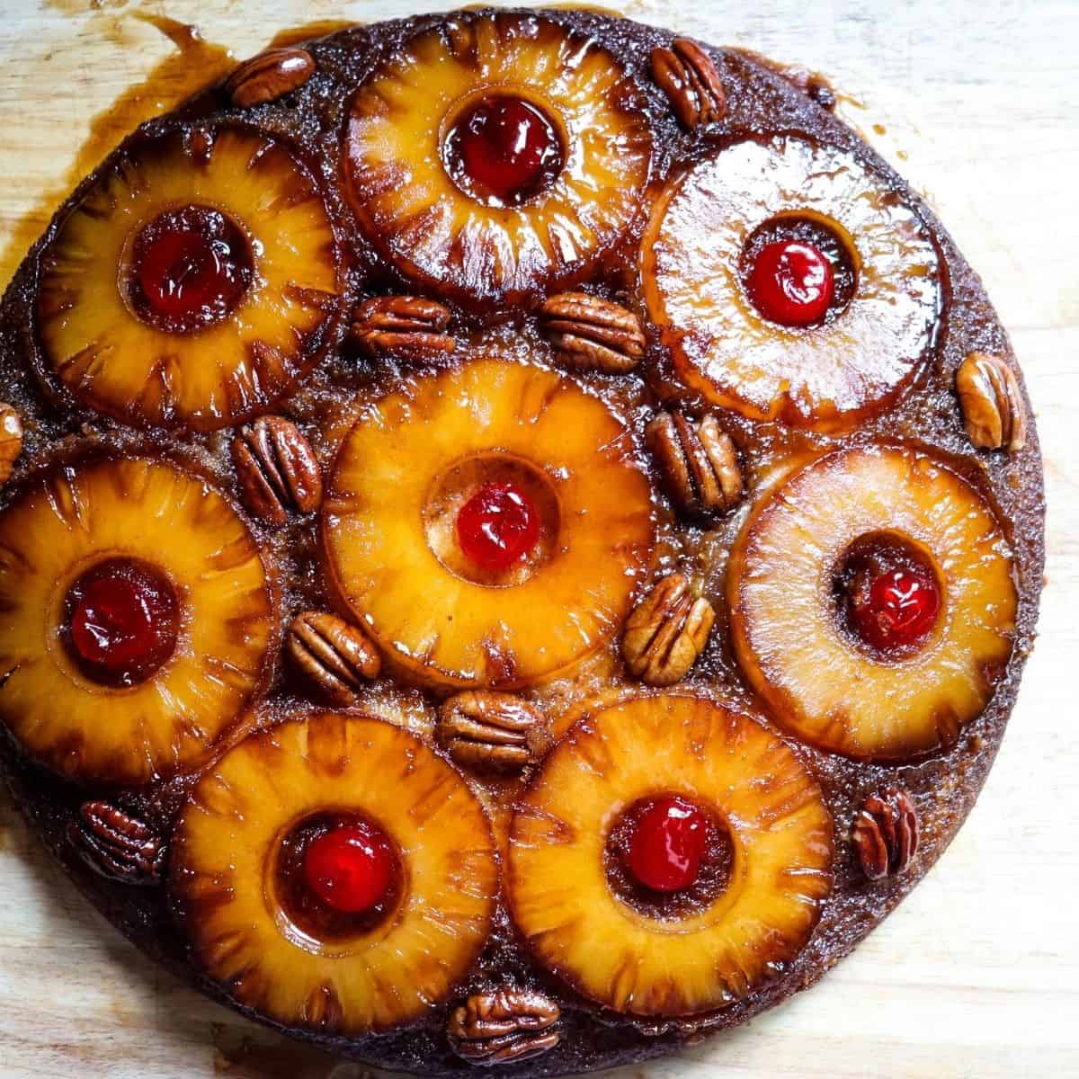 An overhead view of a pineapple upside down cake topped with pineapple slices, pecans, and maraschino cherries.