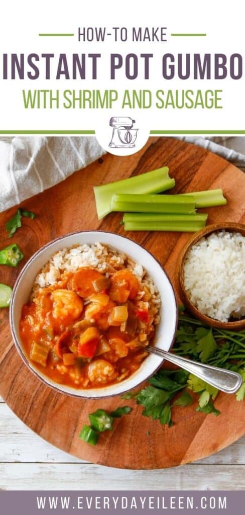 Shrimp and sausage gumbo in a bowl with rice.