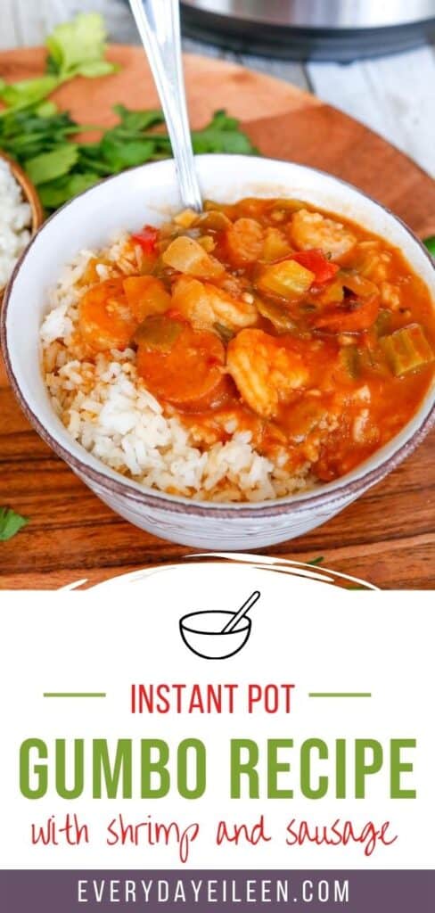 Instant pot gumbo in a bowl with rice.