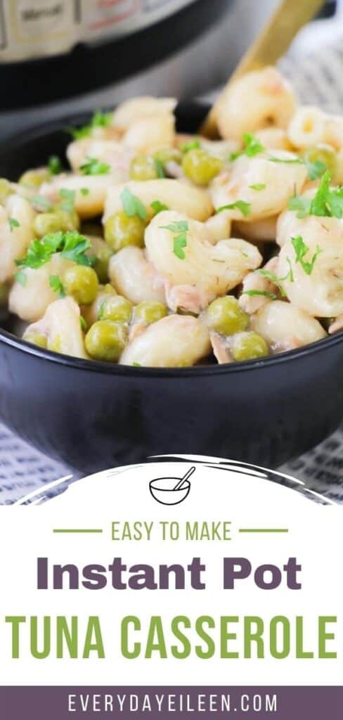 Tuna and pasta casserole in a bowl in front of an instant pot.