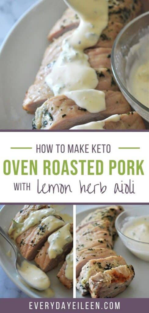 a collage of oven roasted pork loin topped with a lemon herb sauce