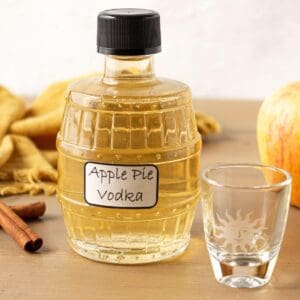 A bottle of homemade apple pie vodka, a shot glass and cinnamon sticks
