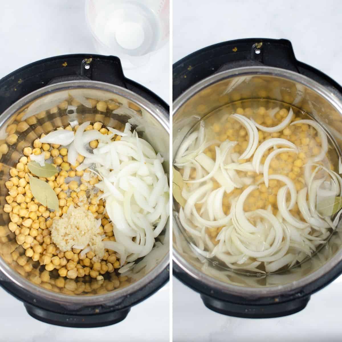 A collage of chickpeas in the instant pot being prepared to make hummus.