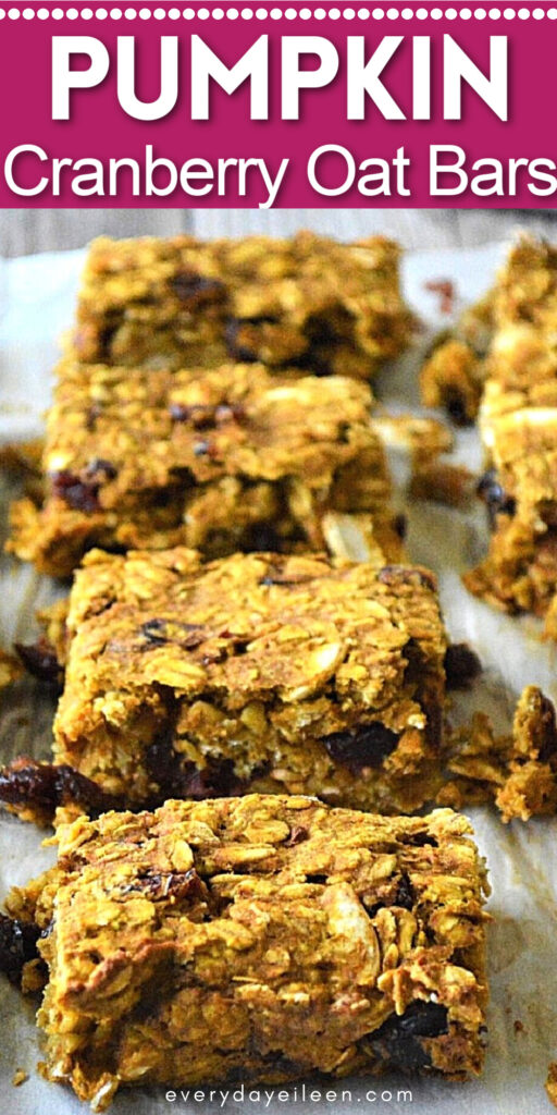 Pumpkin cranberry oat bar Pinterest pin with text overlay.