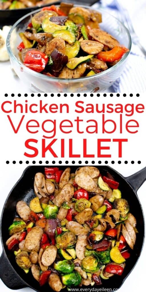 A collage of skillet sausage and veggies. One photo is the sausage and veggies in a glass bowl. The second photo is the sausage veggie combo in a cast iron pan