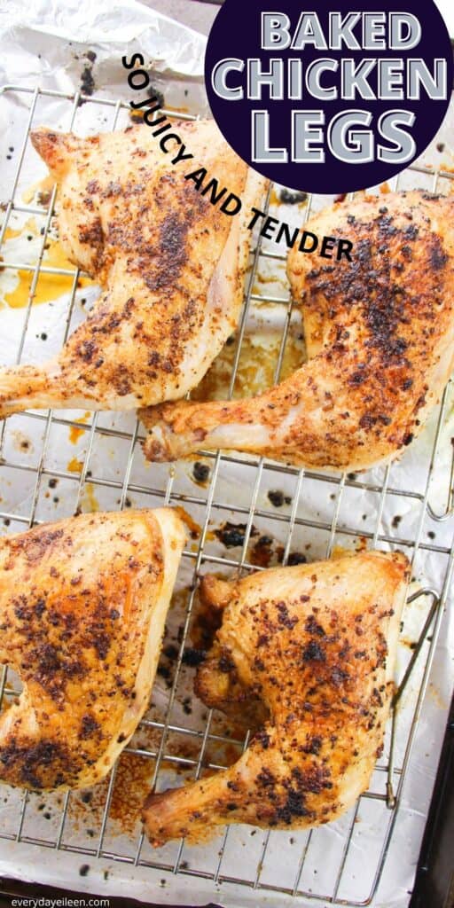 Baked chicken legs quarters on a baking rack