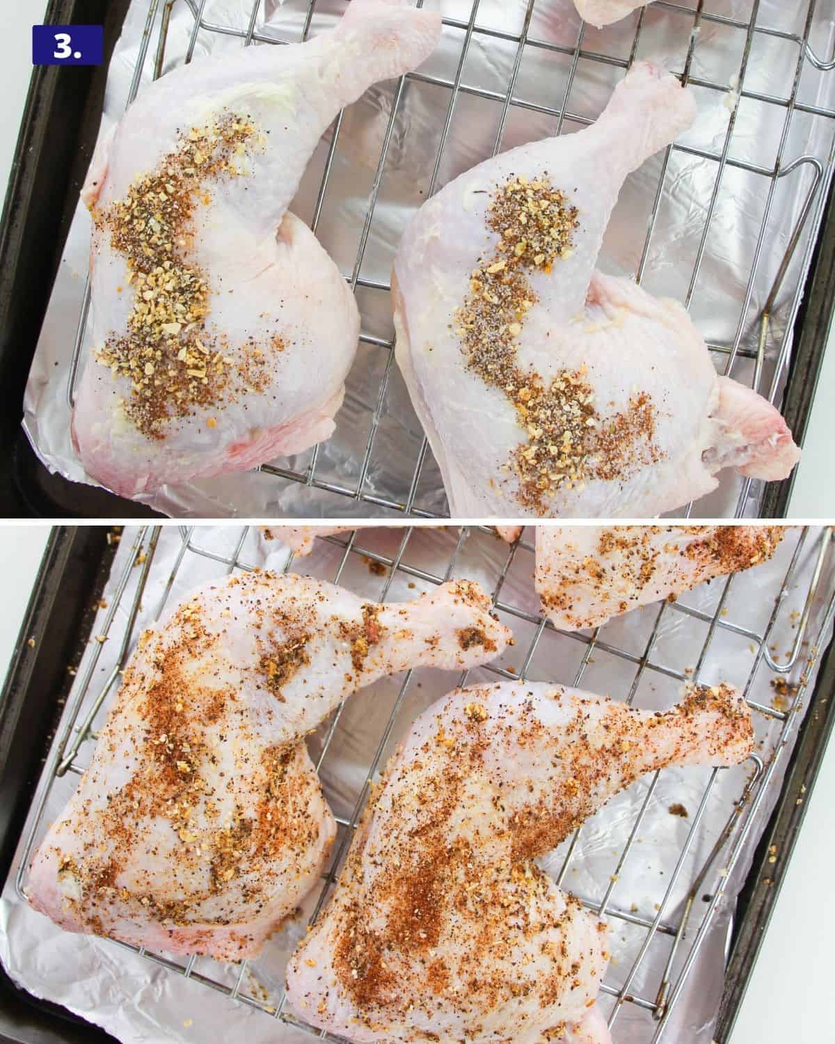 Spice rub on chicken leg quarters and a second photo with the rub spread over the legs