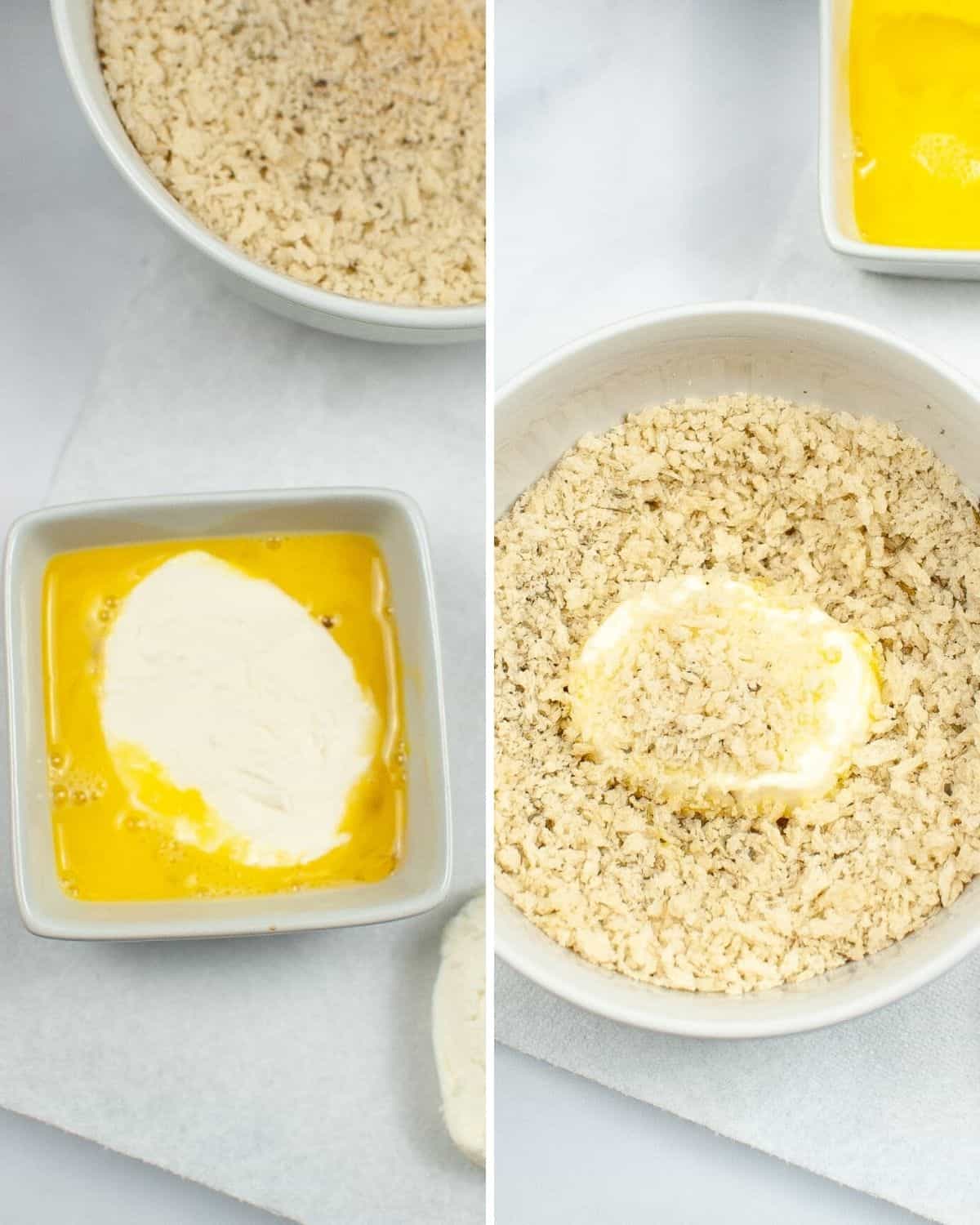 two photos, the first is sliced mozzarella in an egg wash. The second is the mozzarella in Panko bread crumbs. b