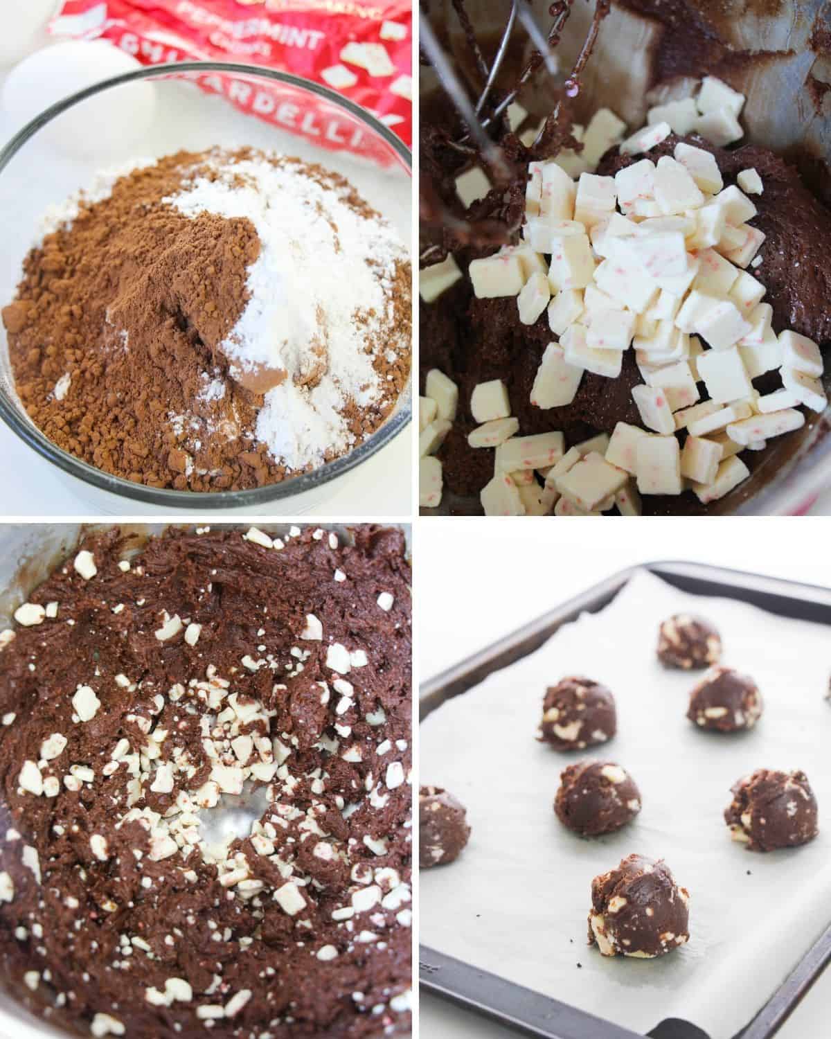 step by step instructions combining flour and cocoa, peppermint chips, then making round chocolate cookie dough on a baking sheet