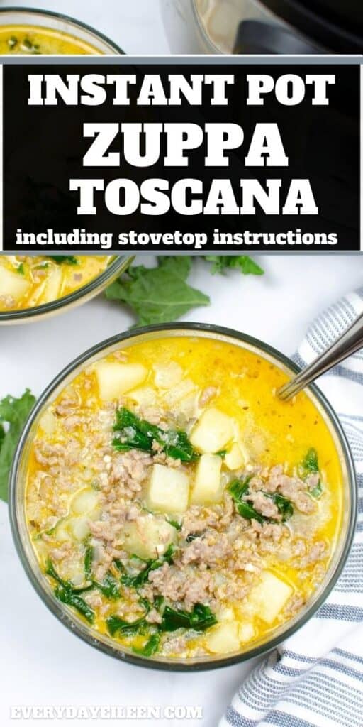 An overhead view of tuscan soup in a glass bowl with a blue and white striped towel next to the bowl.