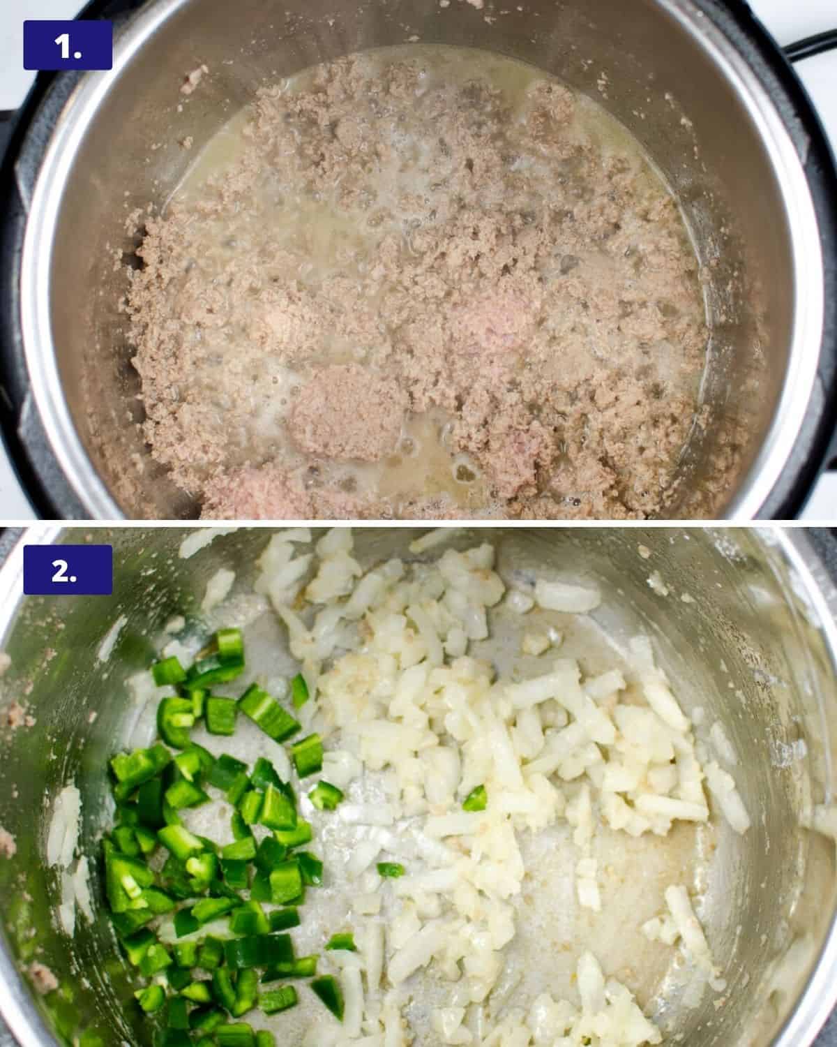 Ground beef browned in an Instant pot. Another photo adding jalapeño and onions into the instant Pot.