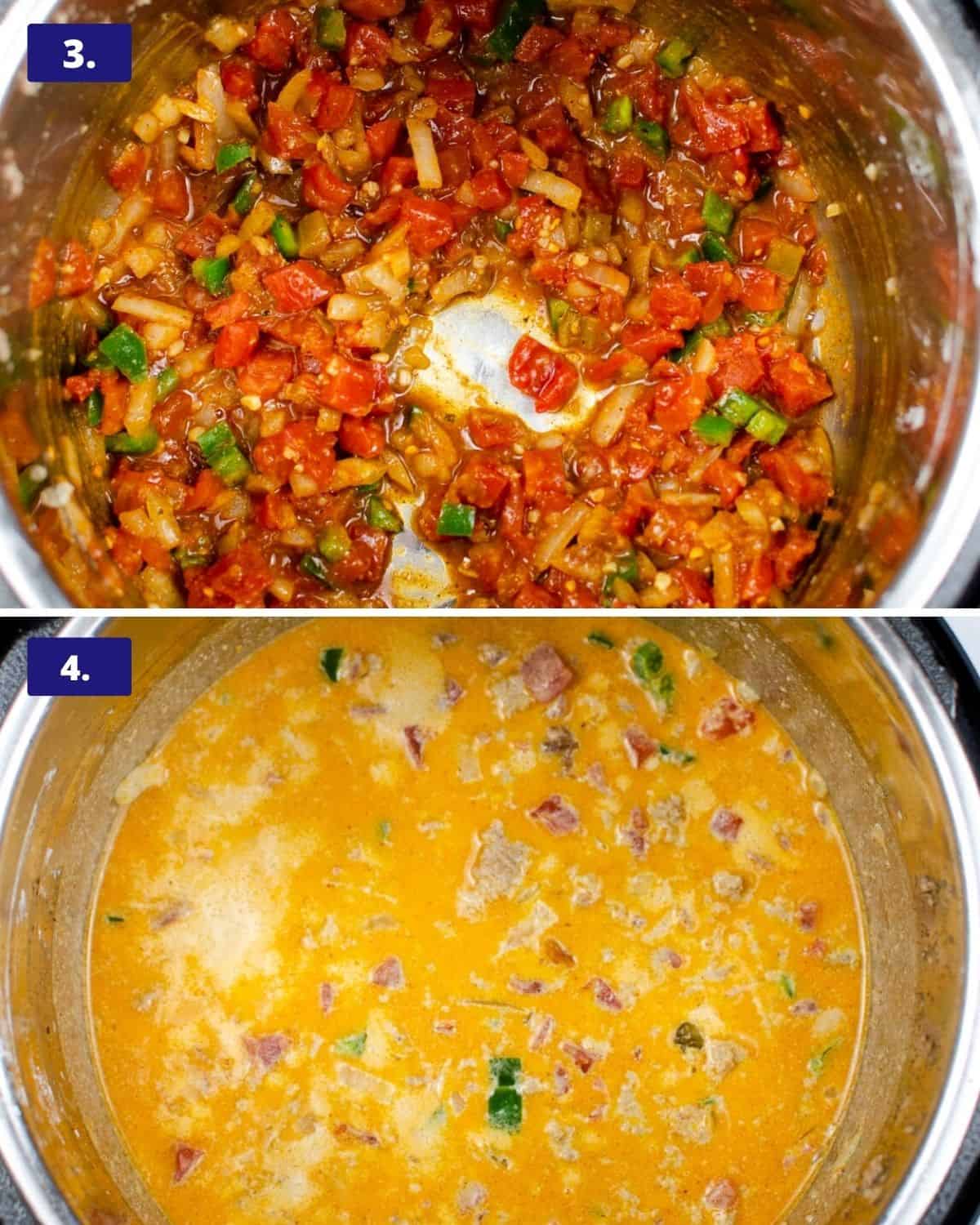 Two photos, the first is Rotel tomatoes added to sautéed jalapeños and onions. The second photo is an Instant pot with sautéed veggies with evaporated milk added to the pot.