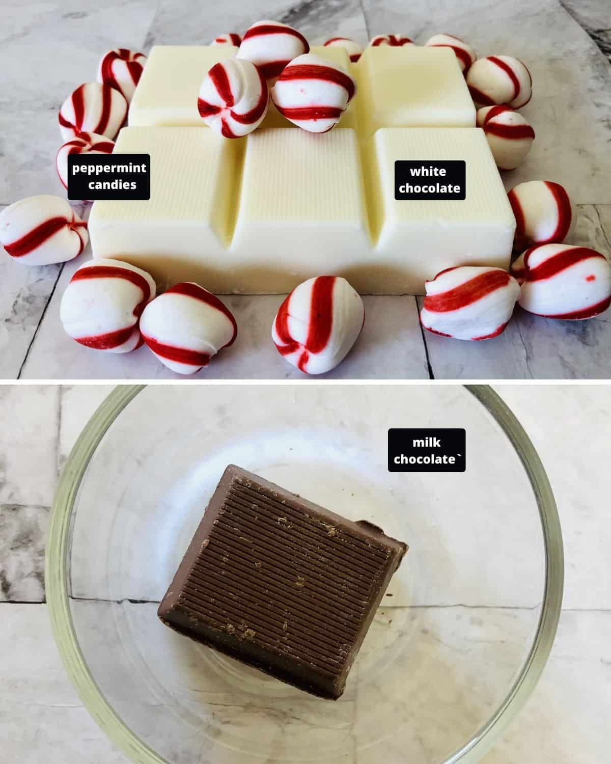 White chocolate blocks, soft peppermint candies and milk chocolate