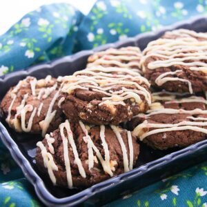 holiday peppermint chocolate cookies on a platter.