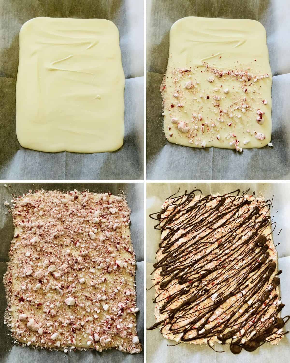 Step by step of white chocolate on a baking sheet, then sprinkled with chopped peppermint, then drizzled with melted chocolate.