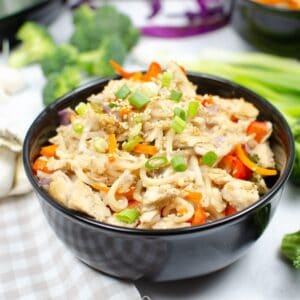 Chow mein noodles, veggies, and chicken in a bowl topped with green onions.