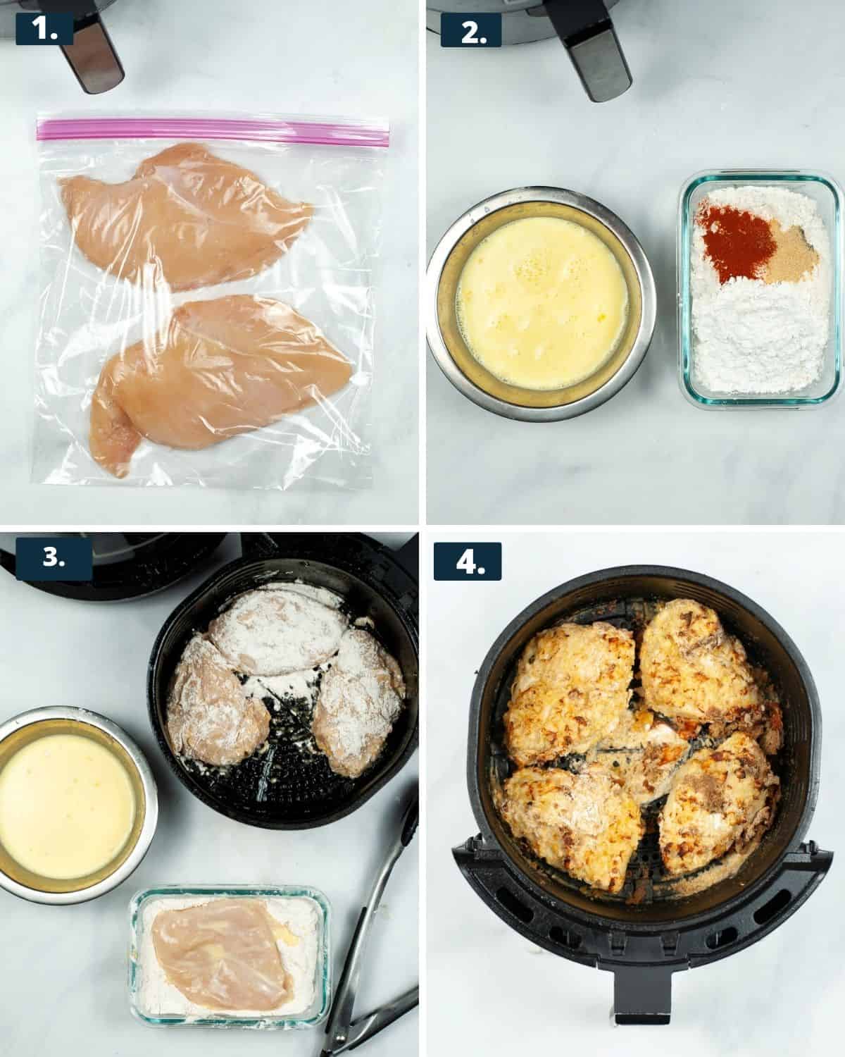Collage, photo 1: boneless chicken breast in a clear bag. Photo 2: Egg was in a silver bowl and flour and seasoning in a rectangle glass bowl. photo 3: Seasoned flour topped with chicken and an air fryer with chicken that has been floured in it. photo 4: crispy chicken in an air fryer.