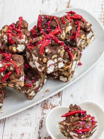 Slices of valentines candy fudge on a plate.