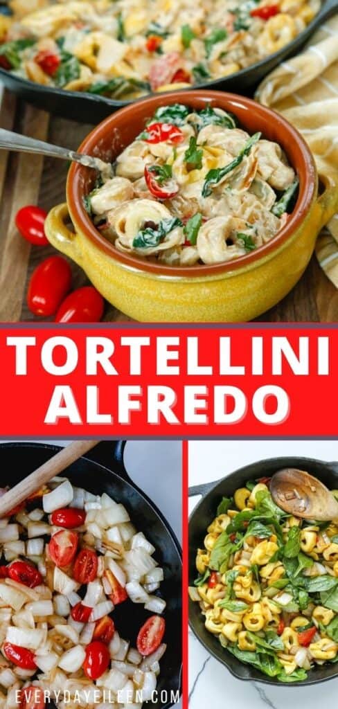 A collage of photos of tortellini a bowl, a cast iron pan with onions and tomatoes, and another cast iron pan with tortellini and spinach in the pan.
