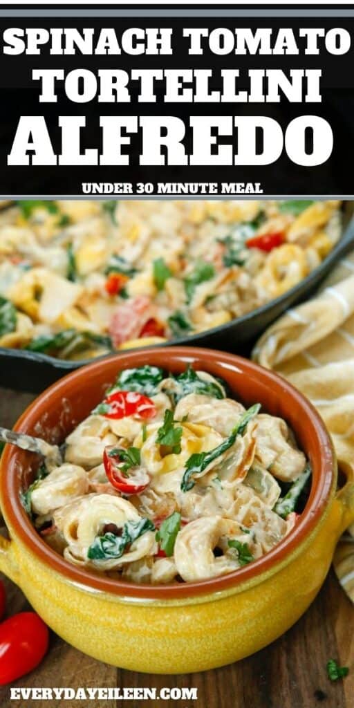 A YELLOW BOWL WITH TORTELLINI IN A CREAMY SAUCE.