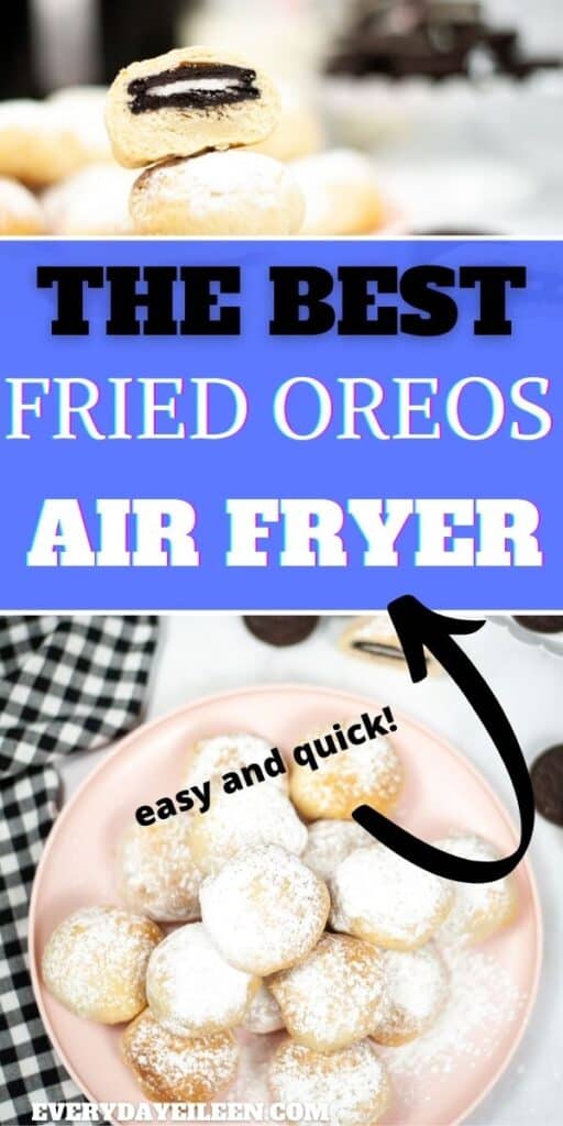 A collage or fried Oreos. 1st photo has the Oreos stacked. 2nd photo is the Oreos on a pink plate.