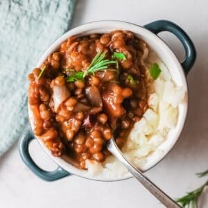 A blue pot with mashed potatoes and lentil stew