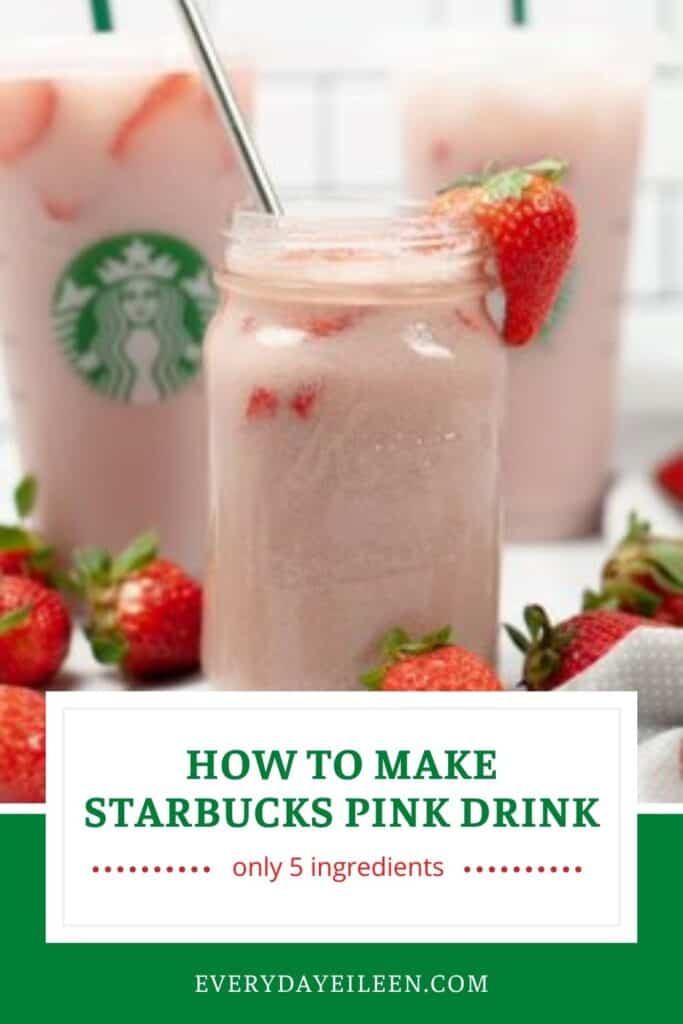 A glass mason jar with a 2 clear tall glasses behind it. They all are filled with a pink drink. One glass has the starbucks logo.