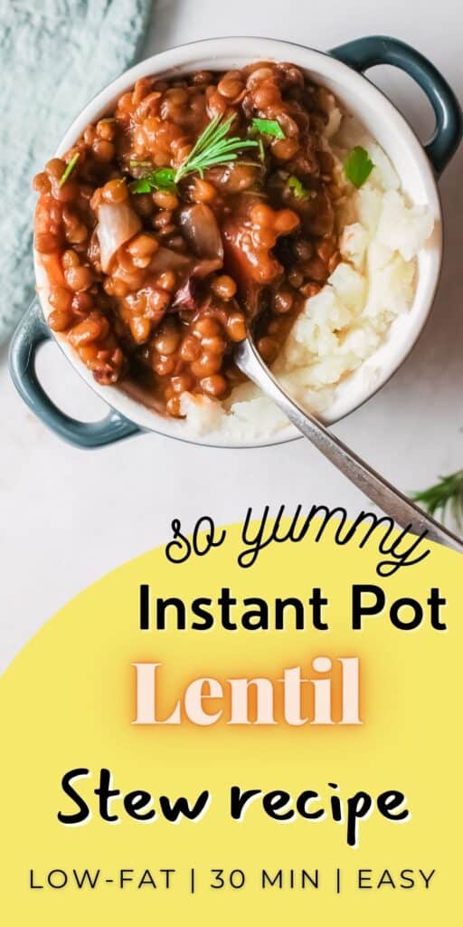 A pinterest pin photo of lentil soup in a bowl with fresh rosemary and chopped parsley on top.