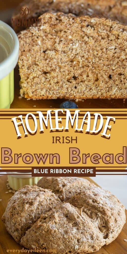 Sliced Irish brown bread and a second photo of a whole loaf of brown bread.