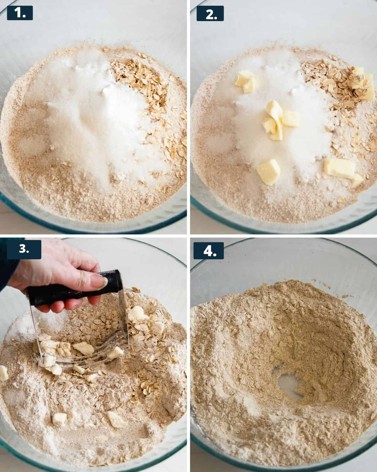 steps to make brown bread, 1: Dry ingredients whole wheat flour and sugar, 2nd photo the dry ingredients have been topped with cut butter 3, A hand in the bowl holding a pastry cutter that is cutting the butter into the flour 4, the glass bowl with the flour and butter all mixed with a well in the center for wet ingredients.