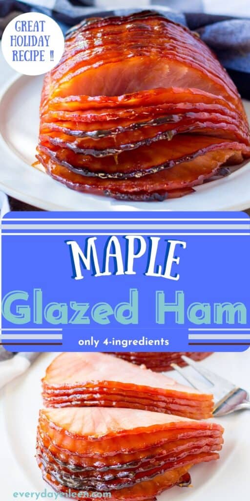 A collage of maple glazed spiral ham on a platter.