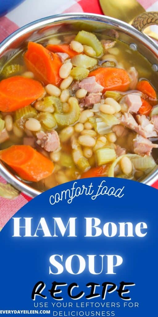 beans, carrots, and ham in a soup.