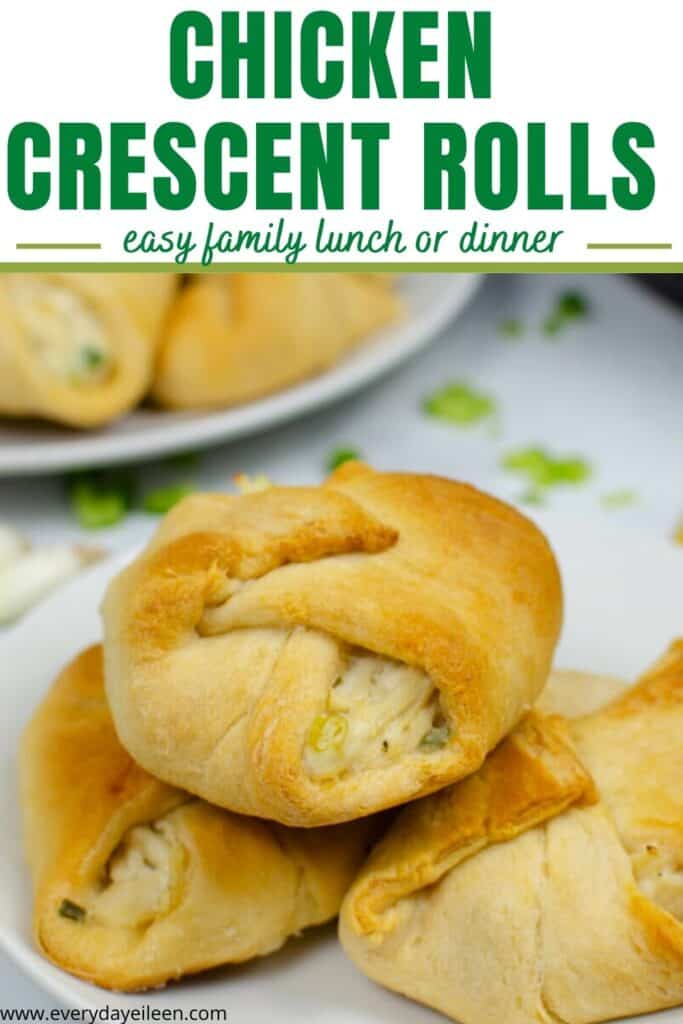 Three chicken crescent rolls stuffed with creamy chicken n a white plate.