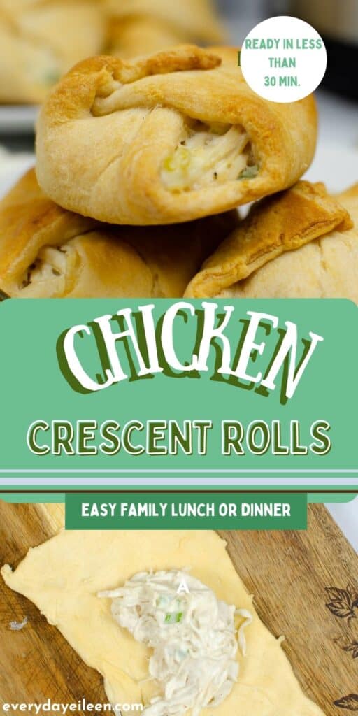 A collage of chicken in a cream sauce wrapped with crescent rolls.