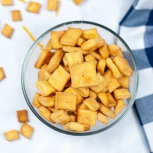 An overhead view of homemade cheez-its made in the air fryer.