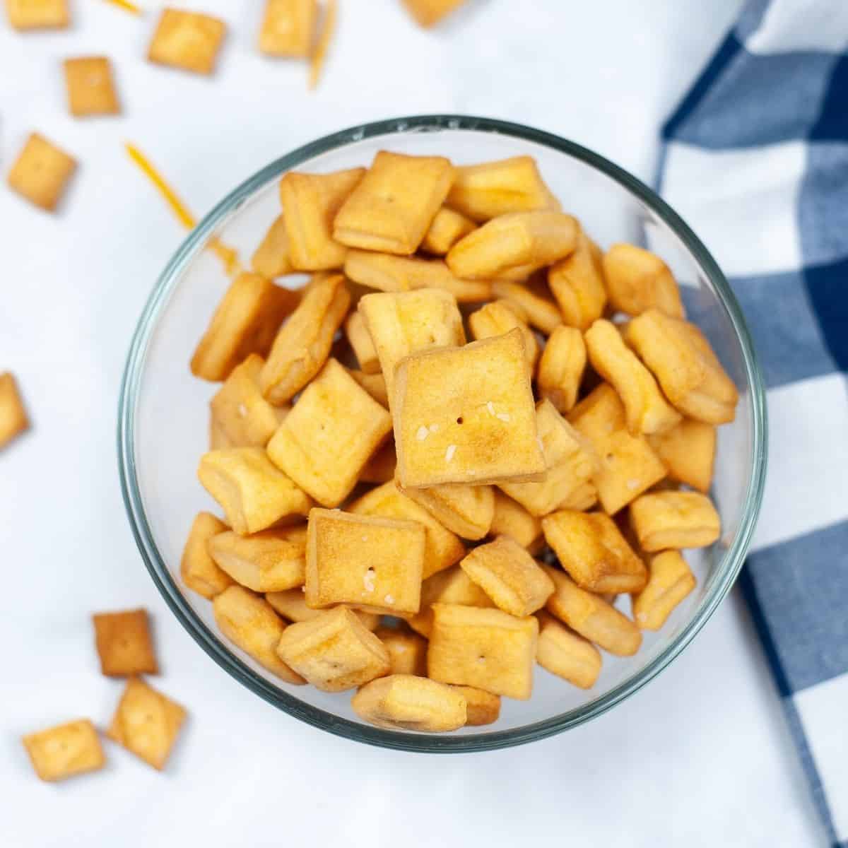 An overhead view of homemade cheez-its made in the air fryer.