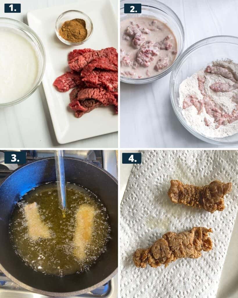 The steps to make steak fingers.