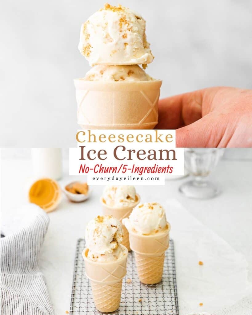 An ice cream cone with a scoop of ice cream in it. Bottom photo, a silver rack with 3 ice cream cones on it.