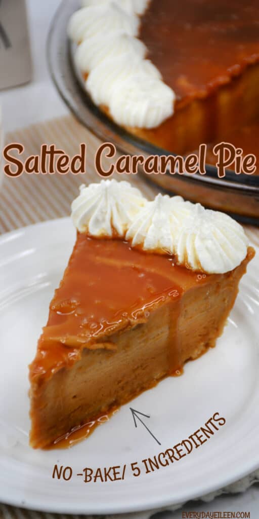 A white plate with salted caramel pie topped with whopped cream.