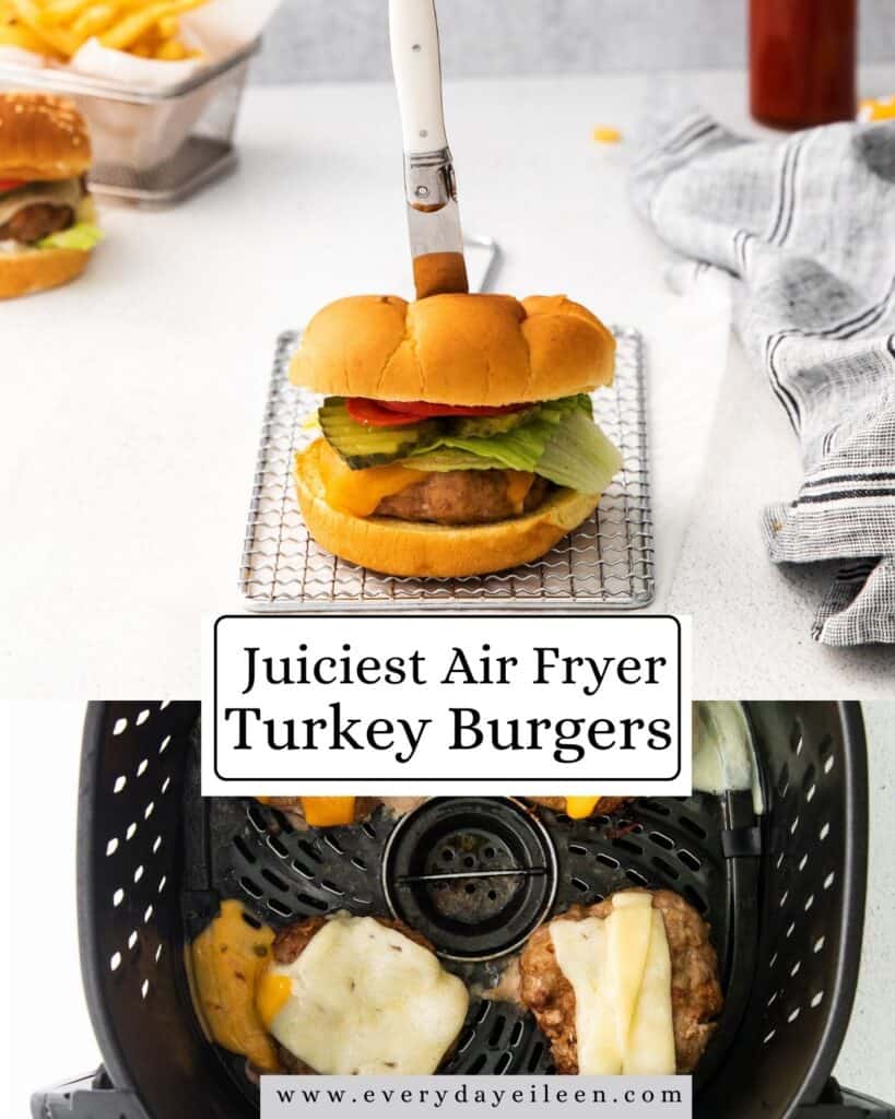 Two photos of turkey burgers, one in the air fryer and the other burger in a bun topped with cheese.