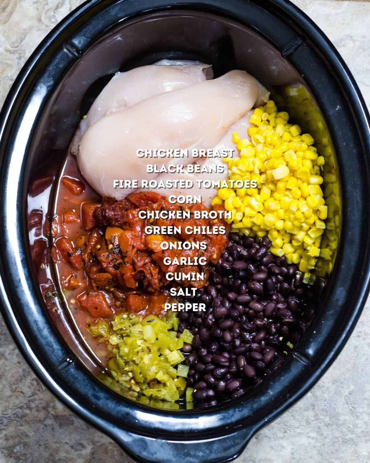 The ingredients to make chicken enchilada soup in the vessel of the s