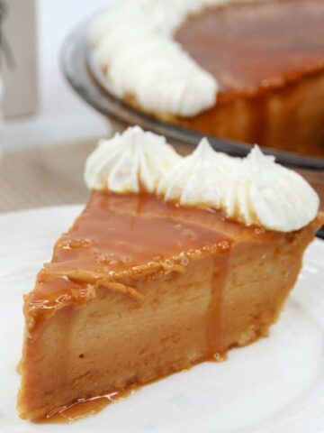 A slice of caramel pie on a white plate
