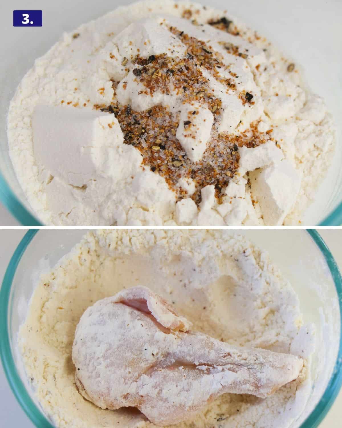 2 photos. 1, a bowl of flour seasoned with lemon pepper seasoning. photo 2, a raw chicken wing coated in flour. 