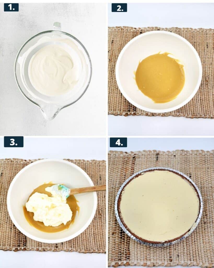 4 photos to make salted pie 1, whipping heavy cream, 2, mixing vanilla pudding and caramel in a bowl. 3, folding in whipped cream into the pudding mix. The caramel pie in a graham cracker crust. 