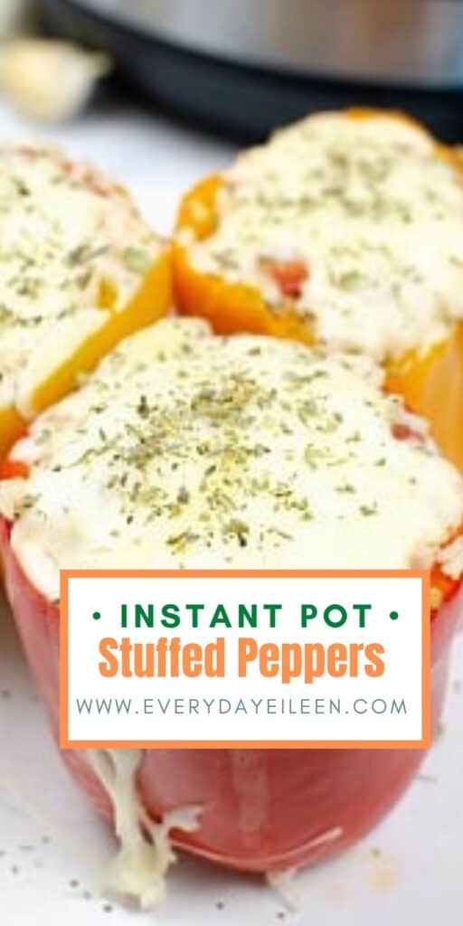 Three bell peppers topped with melted mozzarella cheese and herbs in front of an Instant Pot.