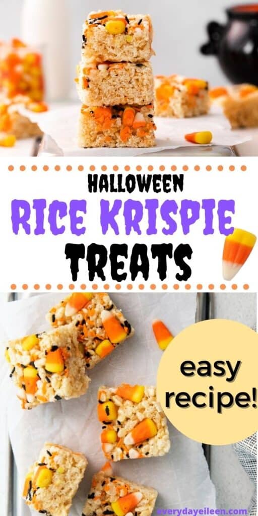 A collage of rice krispie treats. 1, a 3 stack of rice krispie treats with candy corn