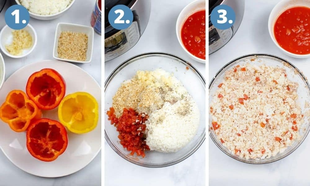 First 3 steps in making stuffed peppers. 1st photo, 4 bell peppers on a white plate, with the tops cut off. 2nd photo, a glass mixing bowl with diced tomatoes, rice, garlic, and ground turkey. 3rd photo, the rice and tomatoes with turkey mixed together in a glass bowl.