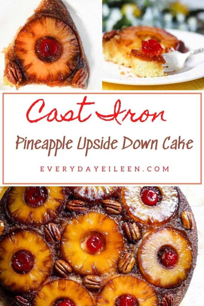 Three photos 1, an overhead view of a slice of cake with a pineapple on top 2, A fork with a piece of yellow cake topped with a cherry 3, an overhead view of a pineapple upside down cake with pineapples, cherries, and pecans on top.